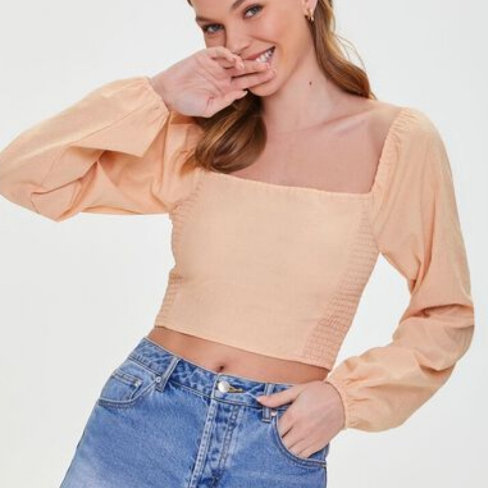 Forever 21 Long Sleeve Smocked Crop Top
